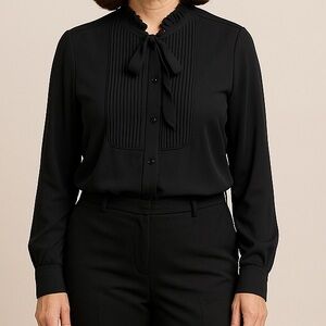 Ann Taylor Black Ruffle Neck Tie Blouse – Pleated Bib Classic Work Top M